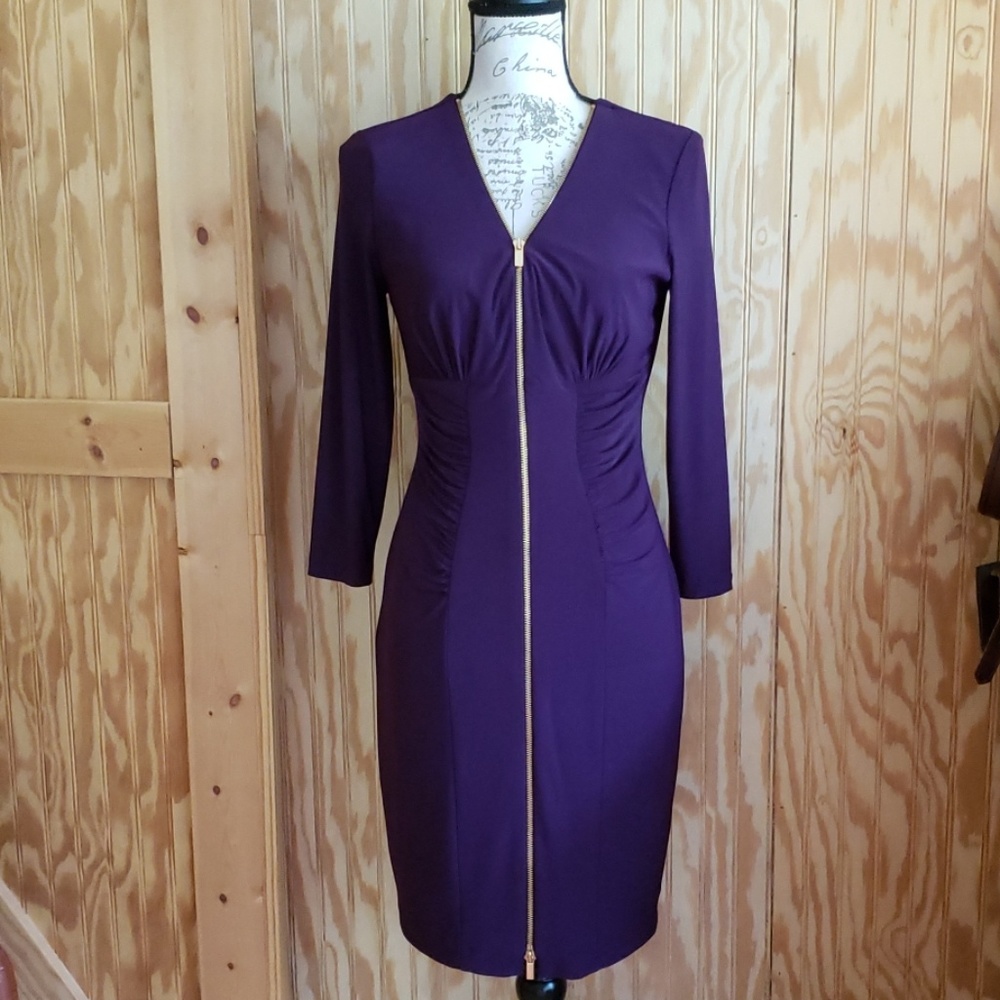 Cache Stretch Zip Front Ruched Dress Eggplant